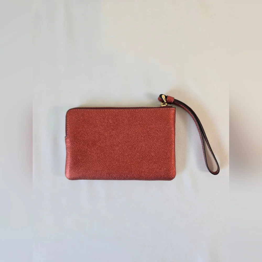 Coach Leather Wristlet Corner Zip Metallic Red Cherry Maroon Rust Wallet Clutch - Picture 2 of 10